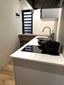 a kitchen with a black sink and a counter at Green Heaven Studio in Bois Chéri