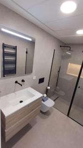 a bathroom with a sink and a toilet and a mirror at Villa Hermana Major Luxury Villa in Las Flamencas in San Javier +15 photos