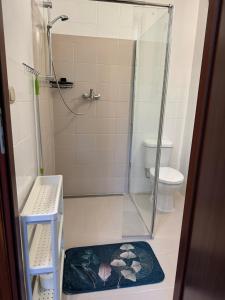 a bathroom with a shower with a toilet and a rug at Zakątek Transformacji in Łużna +21 photos