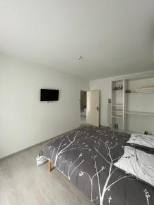 ein Schlafzimmer mit einem Bett und einem Fernseher an der Wand in der Unterkunft Station in Saint-Étienne-de-Saint-Geoirs