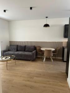 a living room with a couch and a table at Brzostek Apartamenty in Marki