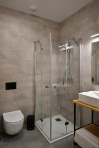 a bathroom with a shower and a toilet and a sink at Za Bunkrem 2 0 in Zbrosławice