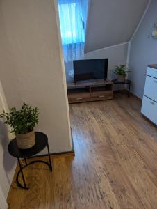 a living room with a tv and a table with a plant at Töpferhäuschen Tangermünde in Tangermünde +9 photos