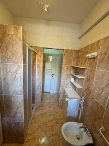 a bathroom with a shower and a toilet and a sink at Gioiello House in Pisa