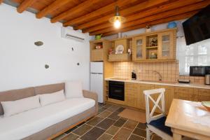 a living room with a couch and a kitchen at Efthymia apartments in Faros