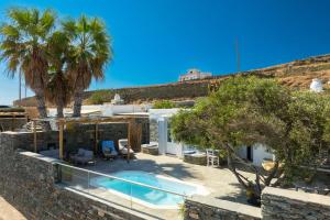 a villa with a swimming pool and palm trees at Efthymia apartments in Faros