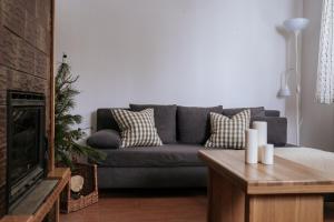 a living room with a couch and a fireplace at Bogdanówka in Supraśl