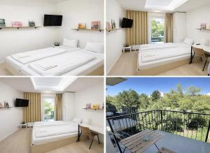 a room with a bed and a balcony with a tv at Bella Apartments Brno in Brno