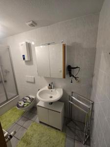 a bathroom with a sink and a mirror at Ferienwohnung, Apartment, Monteurwohnung mit Klimaanlage Wettin-Löbejün in Gottgau +18 photos