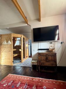 a living room with a large flat screen tv on a wall at Stadtvilla Jelena Mengen in Mengen