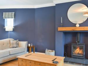 a living room with a blue wall with a fireplace at Fern House in Hinderwell