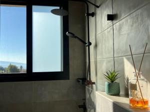a bathroom with a shower with a window at The Peleg Tal Unit - היחידה בפלג טל in Dafna