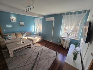a living room with blue walls and a couch at Ferienwohnung, Apartment, Monteurwohnung mit Klimaanlage Wettin-Löbejün in Gottgau