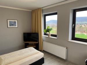 a hotel room with a bed and two windows at Hotel Brückentor in Rinteln