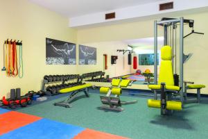 a gym with treadmills and equipment in a room at Golf & Spa Kunětická Hora in Dritec
