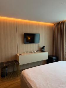a hotel room with a bed and a tv on the wall at Hayat Hotels & Apartments in Rust