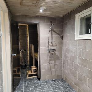 a bathroom with a shower and a walk in shower at Villa Mutkala in Kittilä +19 photos