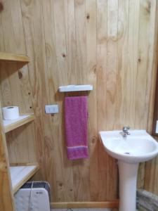 a bathroom with a sink and a towel on a wall at Casa Hostal Familiar Espacio SaTaNaMa in El Torreón