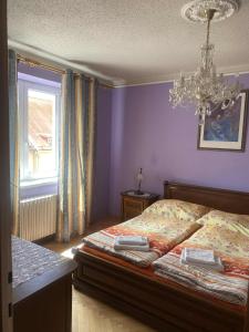 a bedroom with a bed and a chandelier at Penzion Paradise in Ostrava