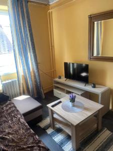 a living room with a tv and a coffee table at Penzion Paradise in Ostrava