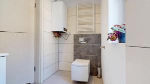 a white bathroom with a toilet and a window at Studio Fibra Gusto in Rybnik +25 photos