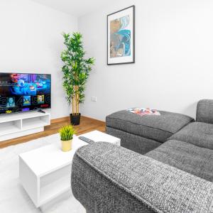 a living room with a couch and a tv at Modern 2 Bed Apartment - 2 Parking Spaces - Sleeps 3 - Netflix 1BS in Amblecote