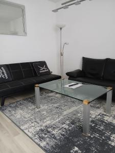 a living room with a glass coffee table and a couch at Haus Astrid -Schwerin-Görries - in Klein Rogahn