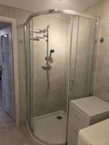a shower with a glass door in a bathroom at Baza wypadowa 4 in Lubań +5 photos