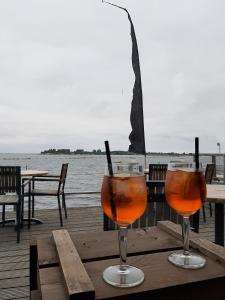 two drinks sitting on a wooden table near the water at Möwenhorst in Fehmarn