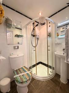 a bathroom with a shower and a toilet and a sink at The Arthington in Blackpool +44 photos