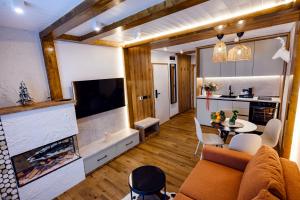 a living room with a couch and a fireplace at Celeste Luxury Apartments in Ranca