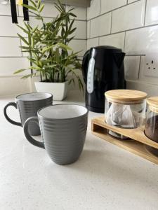 three cups sitting on a counter in a kitchen at LODGE Nuthatch in Droitwich