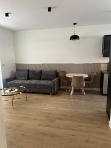 a living room with a couch and a table at Brzostek Apartamenty in Marki