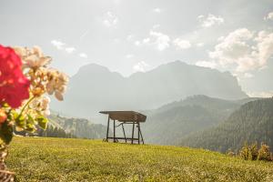 a bench on a hill with mountains in the background at Apartments Rit in La Valle