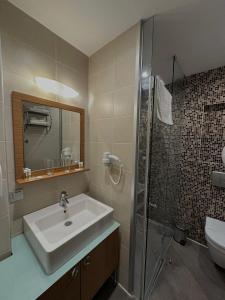 a bathroom with a sink and a shower at City Hotel Plovdiv FREE PARKING in Plovdiv