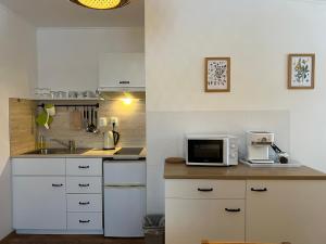 a kitchen with white cabinets and a microwave on a counter at Apartment Brusinka in Kašperské Hory