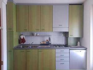 a kitchen with green and white cabinets and a sink at Villetta Eden Schilpario in Schilpario +13 photos