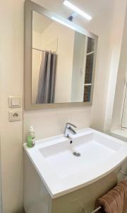 a white bathroom sink with a large mirror at Villa LES MYRTILLES in Cabourg +27 photos