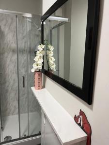 ein Badezimmer mit Spiegel und einer Vase mit Blumen in der Unterkunft Gemini 2 in Great Wyrley + 71 Fotos