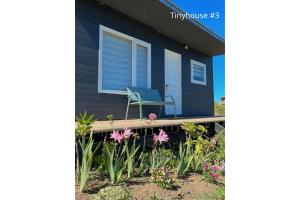 a blue house with a chair on the porch at Tinyhouses Mirador del Lago in Puerto Varas