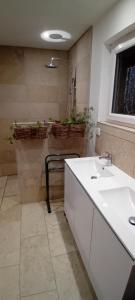 a bathroom with a white counter and a sink at La Yourte Gasconne in Estampures