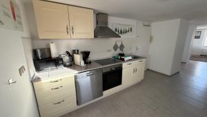 a kitchen with white cabinets and stainless steel appliances at Wohlfühlen am Großen Goitzschesee in Holzweißig