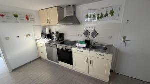 a small kitchen with a sink and a stove at Wohlfühlen am Großen Goitzschesee in Holzweißig +12 photos