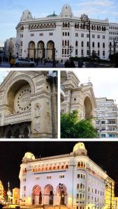 two pictures of a white building with a clock at Dar el bahdja in Sidi MʼHamed