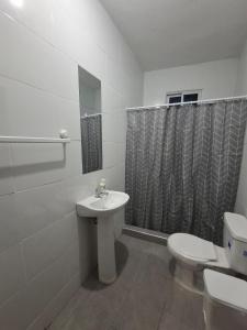 a bathroom with a sink and a toilet and a shower at Doña Minda Home in Naiboa