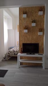 a bedroom with a tv on a table and a bed at Casa Janelas dos Dançantes II in Setúbal
