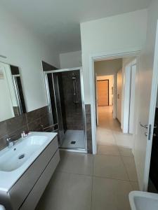 a white bathroom with a sink and a shower at Manzoni in Esine