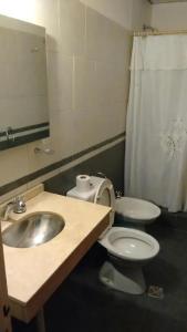 a bathroom with a sink and a toilet and a mirror at Hotel Necochea in Mendoza