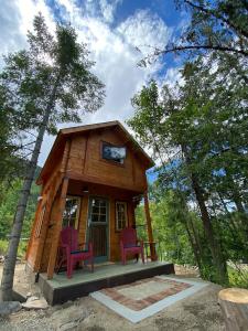 a tiny house in the woods with two purple chairs at Funky Bunky in Nelson