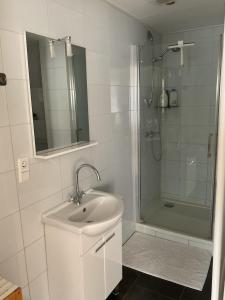 a white bathroom with a sink and a shower at B&B De Singel in Medemblik